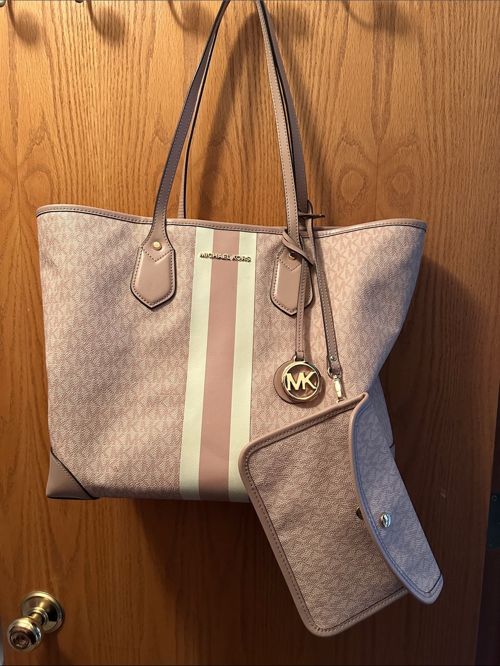 Michael Kors Pink and White Signature Stripe Tote with Wristlet